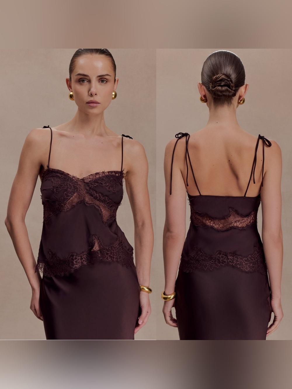Meshki Nina Satin And Lace Camisole in Chocolate - Size S